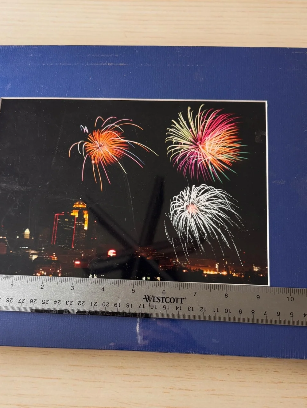 Fireworks Over City Skyline Matted Photograph Blue Mat 10x12 Wall Art